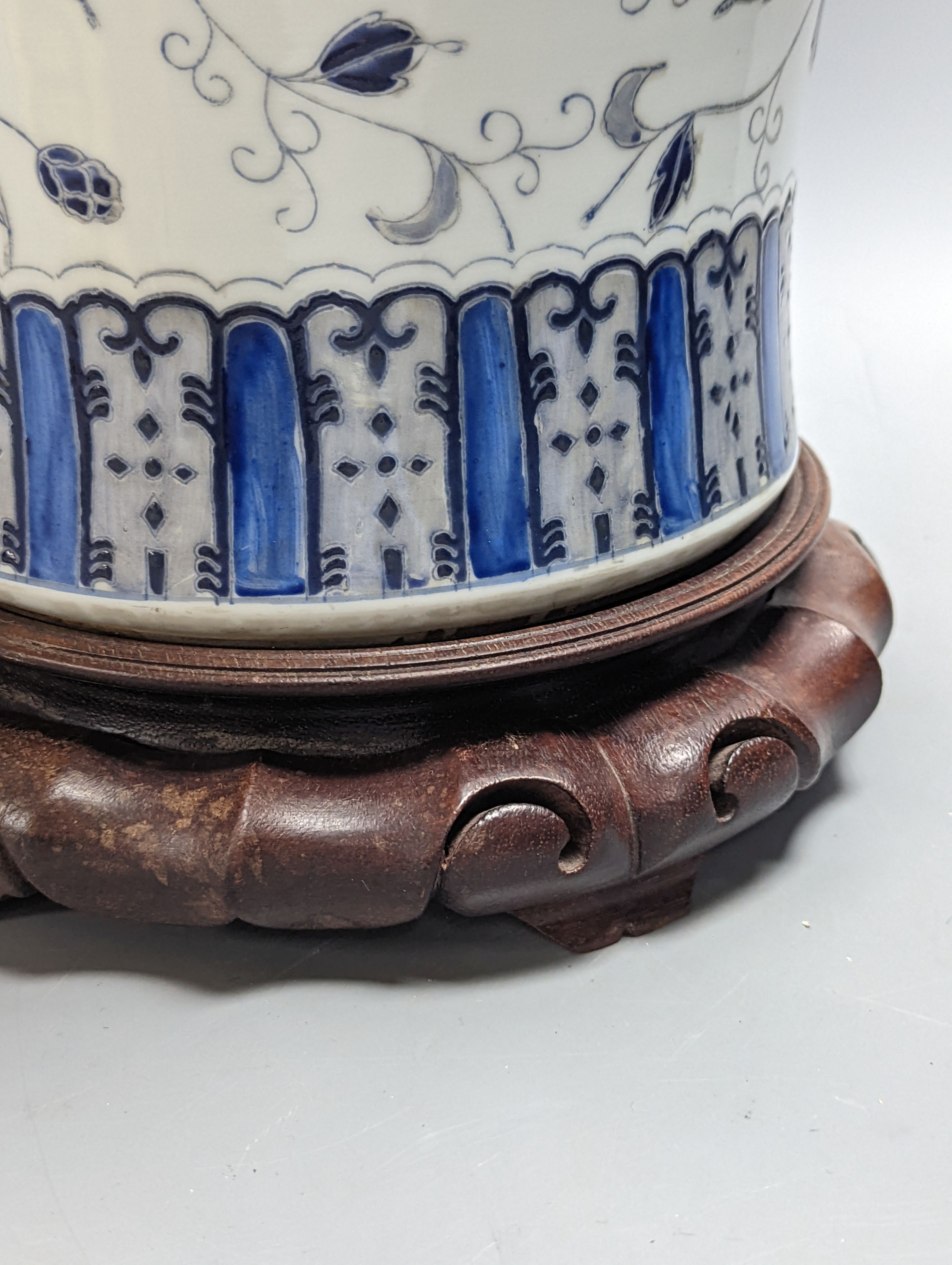 A Chinese blue enamelled porcelain baluster vase, converted to electric lamp 52cm